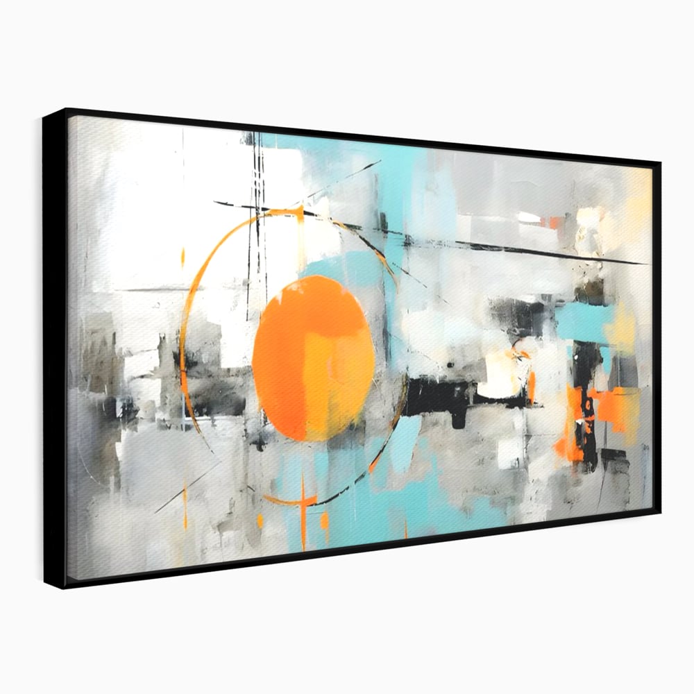 Tablou canvas cu pictura abstracta cu cerc portocaliu, in rama de aluminiu negru
